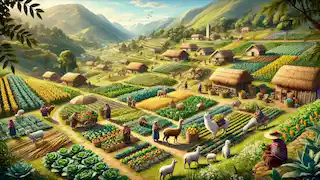 The village of Huari prospers with bountiful crops and thriving animals.