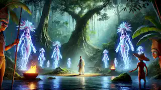 Antonio performs a ritual in the Amazon jungle to break his curse, surrounded by ethereal river spirits.