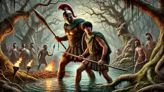 Heracles and Iolaus prepare to enter Lerna’s swamp, armed with a club and torches under a foreboding sky.