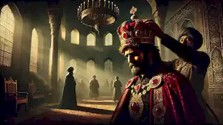 King Hormizd IV is betrayed as his court removes the Ruby Crown from his head in a dimly lit palace.