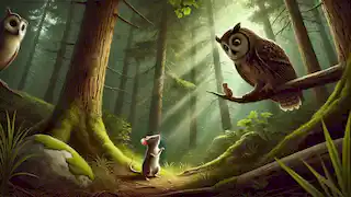 The mouse looks up at a surprised owl perched on a branch, with the dense forest around them creating a mysterious atmosphere.