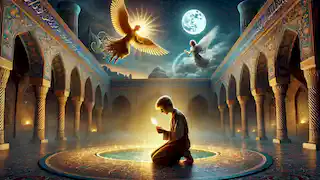 Prince Arash kneeling in prayer with celestial gifts under a twilight sky in an ornate Persian courtyard.