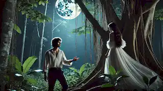 Juan encountering a beautiful woman in a white gown under a ceiba tree in a moonlit Costa Rican forest.