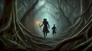 Kiprop leads Kiptoo through a dark forest, with Kiptoo holding a glowing totem.