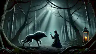 João in wolf form stands frozen before Maria, who holds up a silver amulet in the dark, moonlit forest.