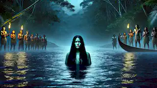  Iara emerges from the Amazon River at night as villagers ask for her forgiveness under the moonlit sky.