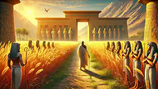 Akhen enters the lush Field of Reeds, welcomed by his ancestors under the golden sunlight of the Egyptian paradise.