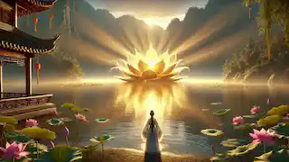 The Golden Lake at sunrise, shimmering with light, and the mystical Golden Lotus blooming at its center.