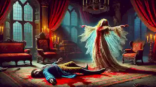 The Lady Madeline, blood-stained and emaciated, falls upon her brother in her final death agonies.