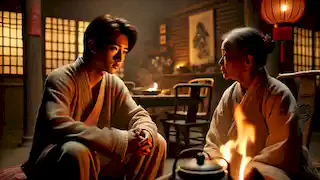 Wei sits by the fire with his grandmother, listening intently as she shares wisdom about love and fate.