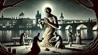 Rabbi Loew creating the Golem from clay on the banks of the Vltava River at night.