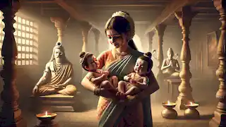 Anasuya cradles the infant forms of Brahma, Vishnu, and Shiva, while sage Atri meditates in a serene household.