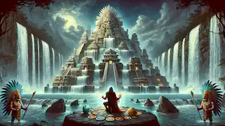 Atl kneels before the shimmering palace of Tlaloc made of flowing water, offering gifts of jade, gold, and feathers.