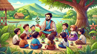 Pi teaching children in his village about traditional and scientific knowledge, surrounded by nature.