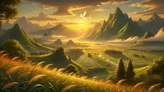 A peaceful sunset over the emerald mountains formed by the Jade Dragon, with the spirit of the Golden Phoenix flying above.