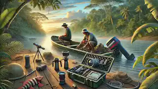 Two adventurers preparing a boat with scientific and fishing gear on the Amazon Riverbank as the sun sets.