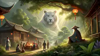 A glowing white tiger watches over a peaceful village as the farmer sits surrounded by admiring villagers and children.