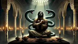 Zahhak horrified as serpents emerge from his shoulders in a shadowed Persian palace hall.