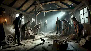 Inside an old shack with broken furniture, people gathered around, one pointing to a rat on the floor in a tense atmosphere.