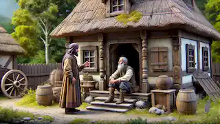 Bahram stands conflicted outside Darian’s humble cottage, listening to the wise old man’s teachings.