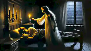 The princess leans over a sleeping Valemon, who is now a man, as she holds a candle in the dimly lit room.