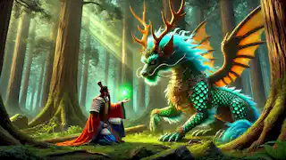 Emperor Wu kneels in awe before the Qilin in a dense forest illuminated by its glowing antlers and jade-like scales.