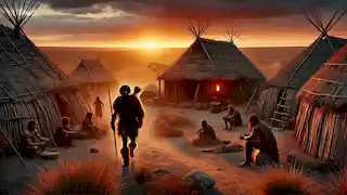 Walu returns to his village at dusk, carrying his spear with solemnity, as the villagers watch him in the vast Australian outback.