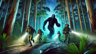 Mark and his team chasing the Yowie at night through the dense forest with flashlights illuminating the path.