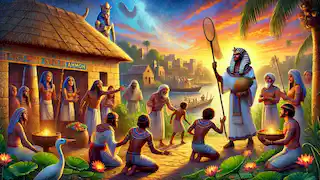 Ammon returns to his village as a hero, celebrated by villagers with Sobek’s presence watching from the Nile.