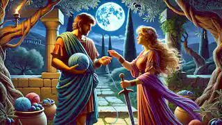 Theseus and Ariadne in a moonlit palace garden as she hands him a sword and thread for his descent into the Labyrinth.