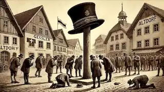 Governor Hermann Gessler's hat on a tall pole in Altdorf's central square.