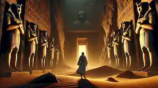 Amenu standing at the entrance of an ancient tomb in the Valley of Kings, with towering pharaoh statues.