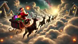 Rudolph leads Santa’s sleigh through a dense fog, his glowing red nose lighting the way while stars faintly shimmer above.