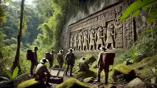 Ancient stone carvings found on a cliff deep in the Amazon, depicting Inca figures carrying treasures.