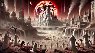 The White City under a crimson moon, showing drought and priests performing desperate rituals.