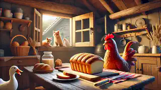 The Little Red Hen enjoying her bread at the table, while the cat, dog, and duck peek through the window.