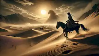 King Gesar rides through the harsh Gobi Desert on his mighty horse Khyar Sogd, watched by the spirit of the sand.