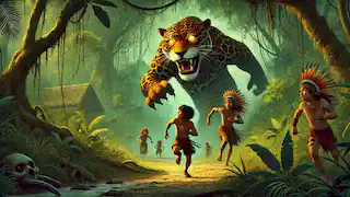 Tainá and villagers flee through the Amazon as the guardian jaguar chases them, led by the Curupira through hidden paths.