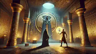 Ammon confronts a shadowy sorcerer in an ancient tomb, holding a glowing ankh relic to seal Apophis.