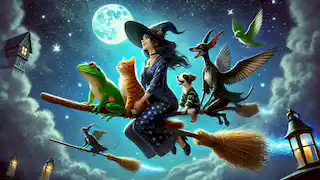 The witch and her animal friends fly on a glowing broomstick through a starry night sky.