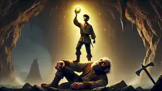 Askeladden holds the glowing golden egg while the giant falls to his knees, defeated.