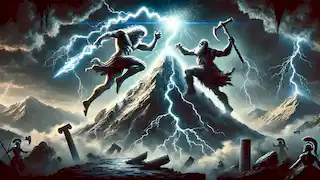 Zeus and Cronus in their final battle atop Mount Othrys, with Zeus raising his thunderbolt and Cronus lunging forward