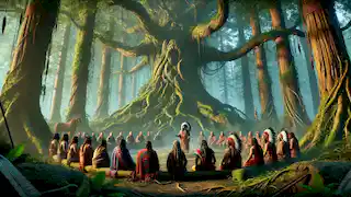 Tribal leaders gather under a sacred tree, discussing their plan to confront the Great Serpent.