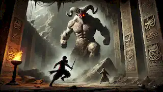 Rostam battles the Div-e Kharman, a massive creature with horns, inside a dark cave.