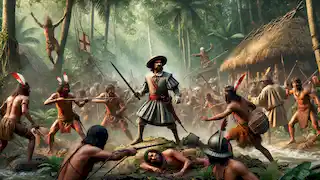 Ponce de León’s camp is attacked by indigenous warriors, with swords and arrows clashing in the dense jungle.