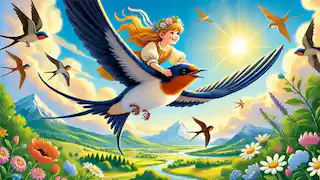 Thumbelina rides on a swallow's back, flying high above a scenic landscape.