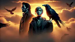 Edgar, Alaric, and the raven standing together at dawn, the first light of dawn breaking through the clouds.