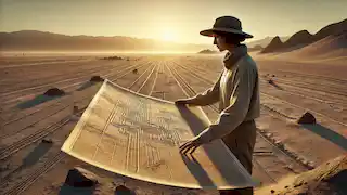 Maria Reiche, the archaeologist, studies a large map of the Nazca Lines in the Peruvian desert at sunset.