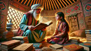 Teen Argezgul listens to scholar Malik in a cozy yurt, surrounded by books and traditional patterns on the walls.