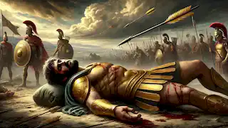 Achilles lies fallen on the battlefield, his golden armor stained with dust and blood, as chaos unfolds around him.